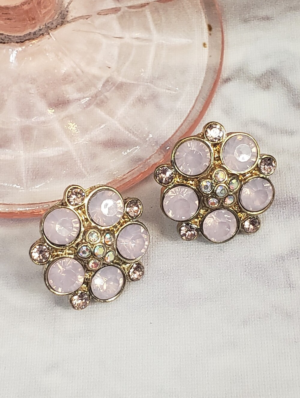 Feminine Pink Floral Crystal Cluster Stud Earrings